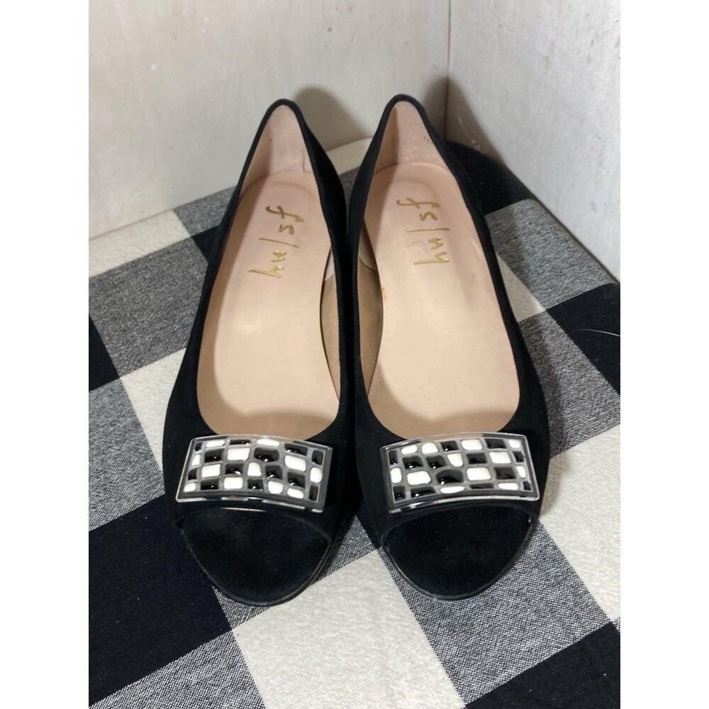 French Sole fs/ny Black Suede Embellished Buckle Peep Toe Ballet Flats Sz 8